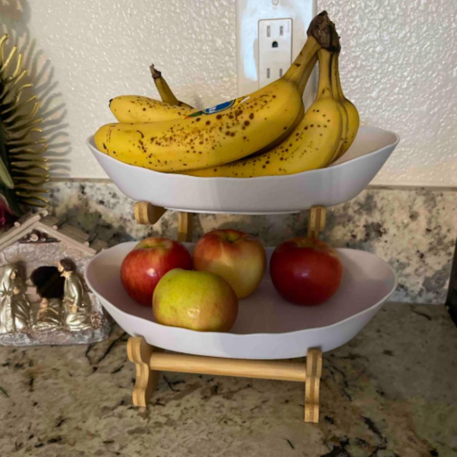 Wood Suitable for Living Room & Kitchen, 2-Tier/3-Tier Large Capacity Fruit Storage Shelf & Snack Organizer - Natural Oval Space-Saving Rack with Easy Assembly, Multi-Shelf for Fruits, Plates, Dishes, Home Decor (No Revision)