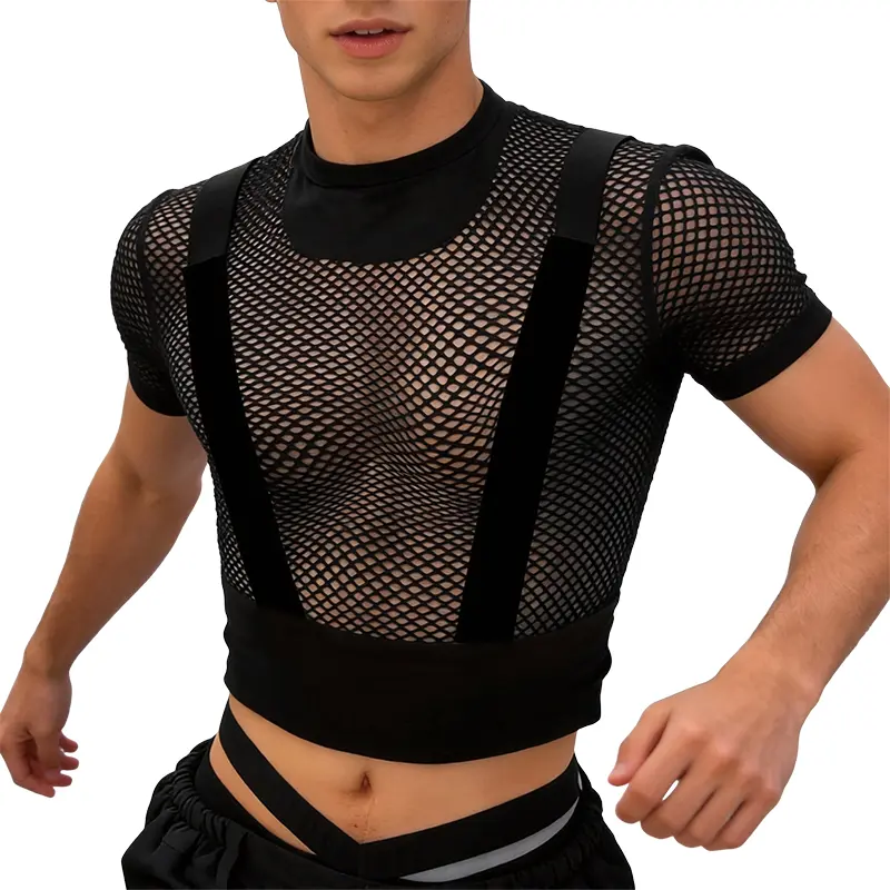 INCERUN Men's Sheer Mesh Harness Crop T-Shirt - Short Sleeve Streetwear with Harness Straps, Gender Blur Menswear for Festival Rave Clubwear, Fashion, Tshirt, Ravewear, Rave‑Level Confidence