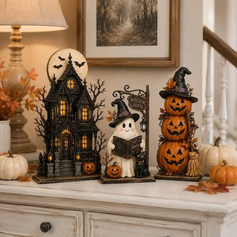 Haunted House Ghost Pumpkin 2D Sign, Wooden Halloween Decor Printed On The One Side, Vintage Halloween Decor 2026, Spooky Tiered Tray Shelf Table Centerpiece Gift for Fall Home