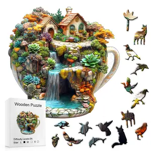 Wooden Puzzle 5A Difficulty Teacup Cottage Miniature Fairy Jigsaw Healing Stress Relief Immersive Challenging Gift for Creativity Enthusiasts Crafts