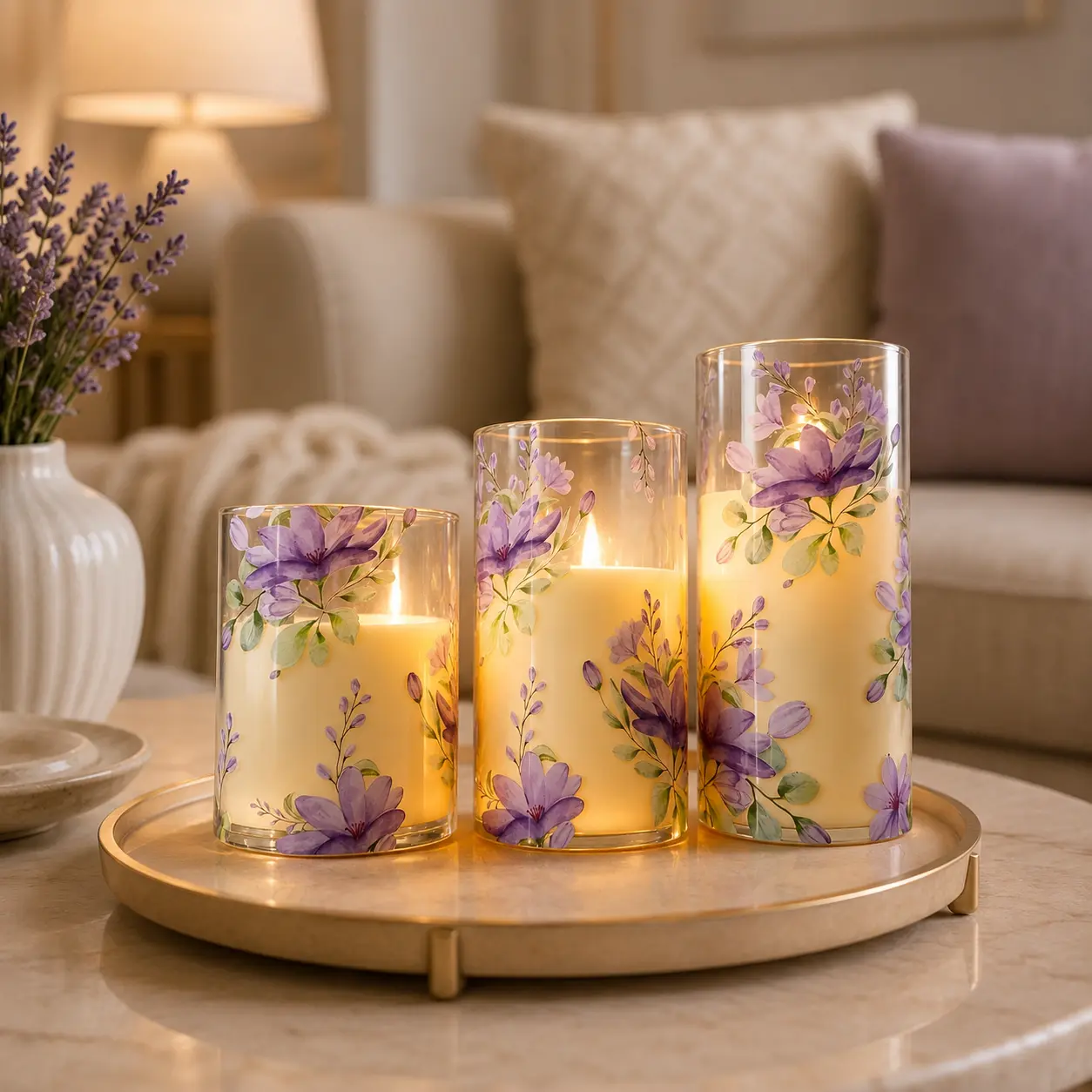 3-Piece Purple Floral-Print Flameless Smokeless Eco-Friendly Battery-Powered LED Candles, Decorative Lights for Home Decor in Bedrooms, Living Rooms