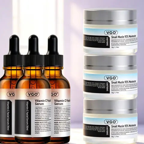 VGO Skincare Brightening Anti-Aging Kit - Unisex All-Skin Friendly Non-Toxic Acne Care Set with Vitamin C Facial Serum, 92% Snail Secretion Filtrate Gel Cream for Repair, Glow Up, Daily Morning Use