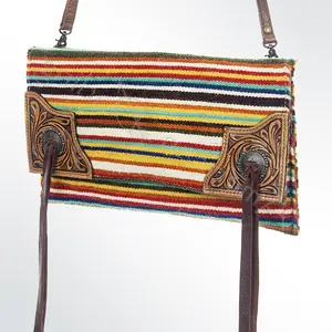 American Darling Cross body Bag Western Hand Tooled Genuine Leather Purse with Hand Woven Saddle Blanket Concho & Tassels