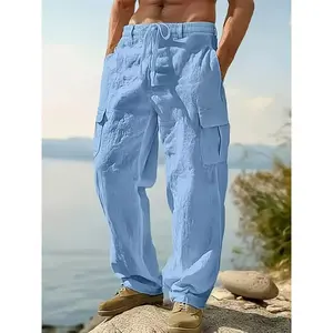 Men's Solid Color Linen Pants, Loose Casual Comfy Waterproof Quick-drying Tactical Casual Slant Pocket Pants for Outdoor Hiking, Men's Trousers for All Weather Conditions, Menswear, Casual Lounge Pants, Casual Sport Trousers