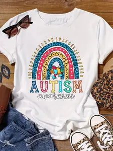 Plus Size AUTISM Print T-shirt, Casual Short Sleeve Crew Neck Top For Spring & Summer, Women's Plus Size Clothing