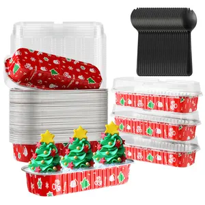 Cupcake Liners with Lids,50PCS 6.8OZ Disposable Mini Cake Pans Disposable Aluminum Foil Baking Cups with Lids Aluminum Loaf Pans for Brithday,Red Christmas