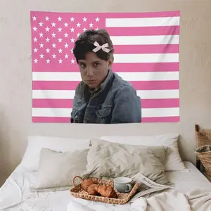 Pink and White American Flag Tapestry with Ralph Macchio Movie Poster - Patriotic Wall Decor for Bedroom, Living Room, Dorm, or Concert Gift, Bedroom Wall Art |   Contemporary Tapestry |   Easycare Material, American Decor Decoration Print