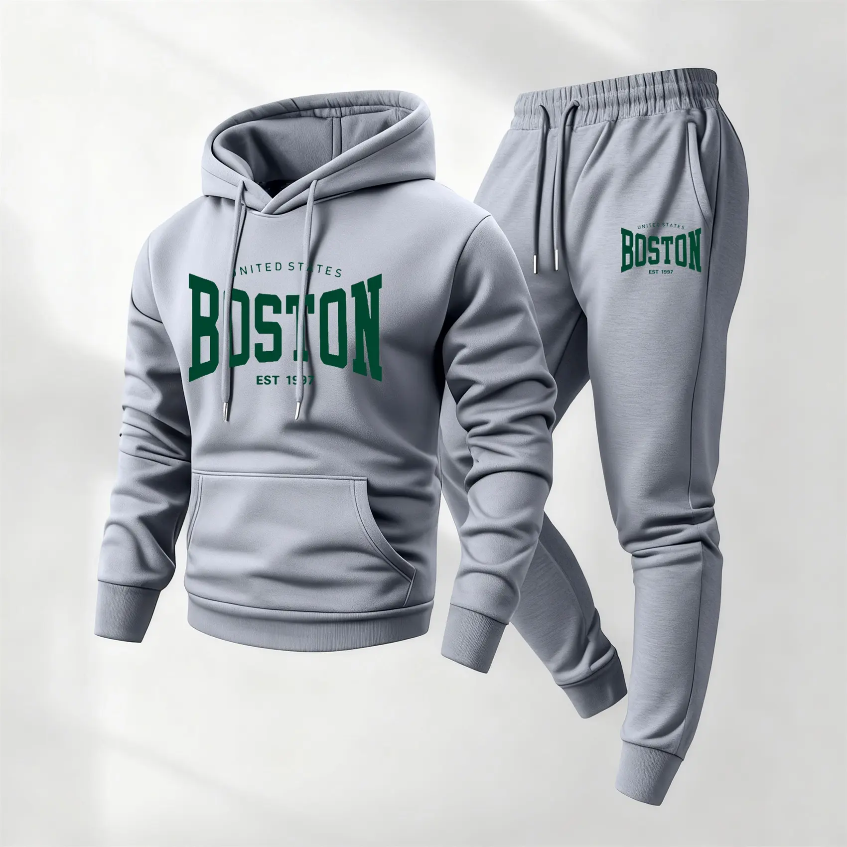 Men's Boston Printed 2-Piece Hoodie & Drawstring Sweatpants Set - Streetwear Tracksuit, Casual Workout Loungewear, Long Sleeve Hooded Jacket & Trousers for Fall Winter Use, Mensfashion, Polyester, Gym, Machine Wash, Smooth