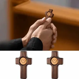 Gifts For Christians 2 Pack Fidget Cross My Heart, Walnut Wooden, Encouragement Gift Stress Relief, Prayer Cross for Hand, Stress Relief Pocket Christian Gifts for Family, Daily Faith Use