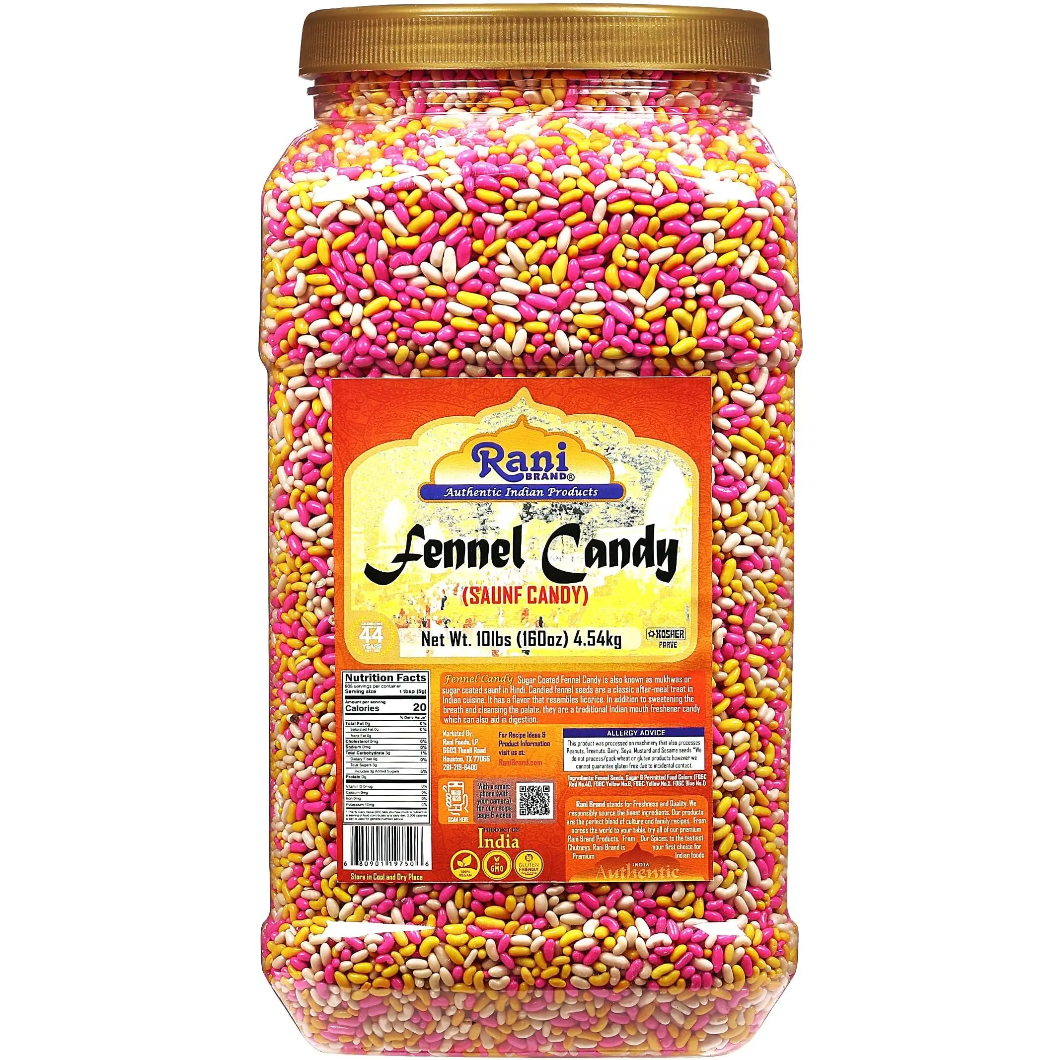 Rani Sugar Coated Fennel Candy 160oz (10lbs) 4.54kg Bulk PET Jar ~ Indian After Meal Digestive Treat | Vegan | Gluten Friendly | NON-GMO | Kosher | Indian Origin