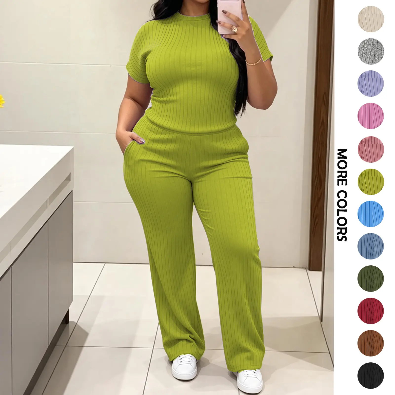 MOEENCN Women's 2 Piece Matching Sets, Lightweight Ribbed Knit Lounge Set with a Short Sleeve Crewneck Top and Wide Leg Pants with Pockets, 2 Piece Sets