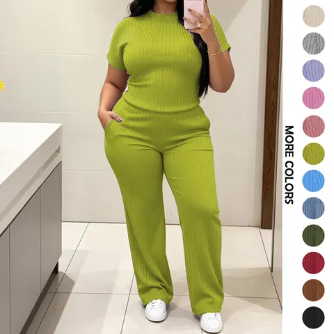 MOEENCN Women's 2-Piece Matching Lounge Set - Lightweight Ribbed Knit Crew Neck Short Sleeve Top & Wide Leg Pockets Pants (Woman 2 Piece Set)