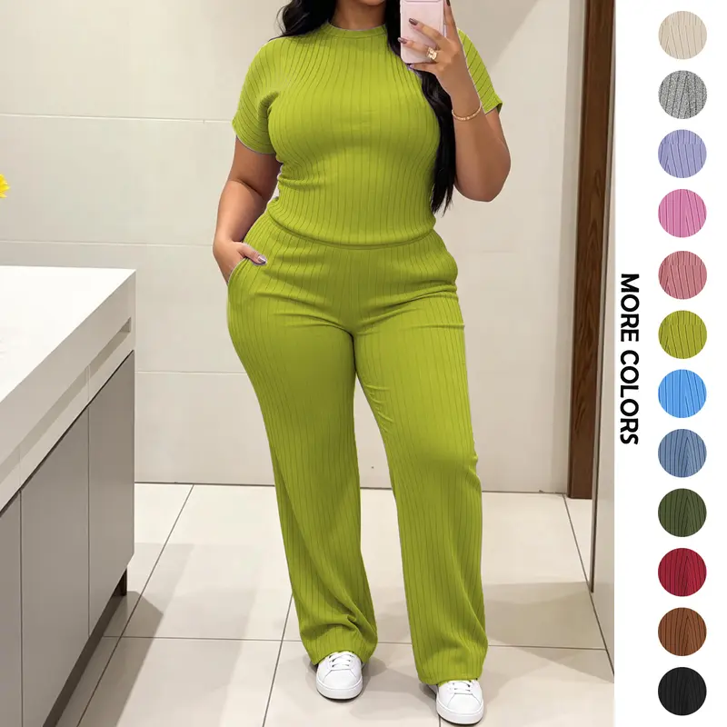 MOEENCN Women's 2-Piece Matching Lounge Set - Lightweight Ribbed Knit Crew Neck Short Sleeve Top & Wide Leg Pockets Pants (Woman 2 Piece Set)
