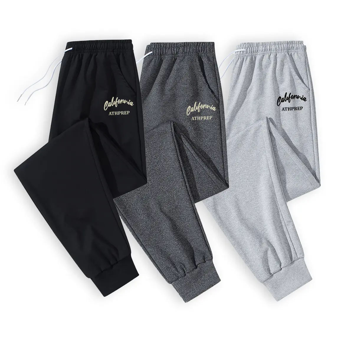 Men's High-Quality Fitted Tapered Elastic Mid-Waist Ankle-Length Sweatpants - Elegant Minimalist All-Seasons Casual Style, Distinctive "California ATHPREP" Graphic (Artistic Handwriting + Clean Athletic Typography), Floral Accents, Cold-Washable