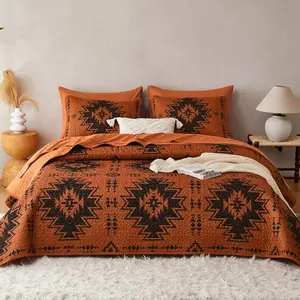 - Set, Southwestern Rustic Farmhouse Style with Aztec Geometric Pattern, Reversible Lightweight Bedspread Coverlet, 3 Pieces, Burnt Orange, Queen/Full Size