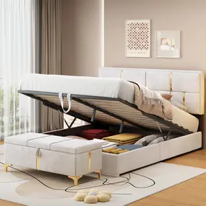 2-Pieces Bedroom Sets, Queen Size Velvet Upholstered Platform Bed with Hydraulic Storage System, Wood Platform Bed Frame with Metal Legs Storage Ottoman for Teens Adults Bedroom, Beige