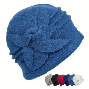 Women's Knitted Hat with Floral Brooch Design - Comfortable and Warm Winter Ball Hat, Breathable and Non-Stretchable, Dry Clean Only, Multiple Colors Available (Navy/Black/Red//White), Fashionable Headwear, High-Quality Material