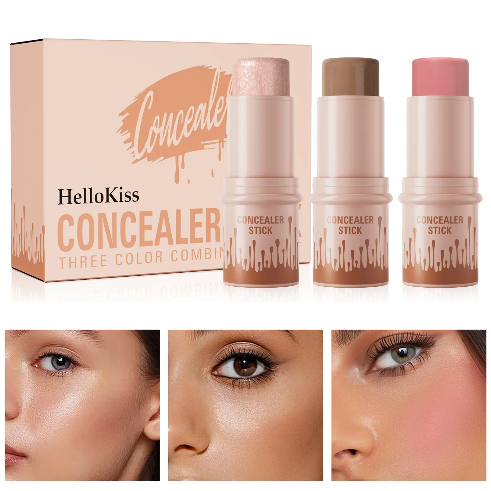 3Pcs Makeup Stick Kit – Lightweight Long-Wear Cosmetic Set,Highlighter & Blush & Contouring Sticks,Portable Waterproof Concealer Kit for Natural Beauty Glow.