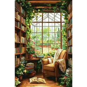 1PCS Vintage Greenhouse Library Diamond Painting Kit for Adults DIY Diamond Art with Bookshelf Chair and