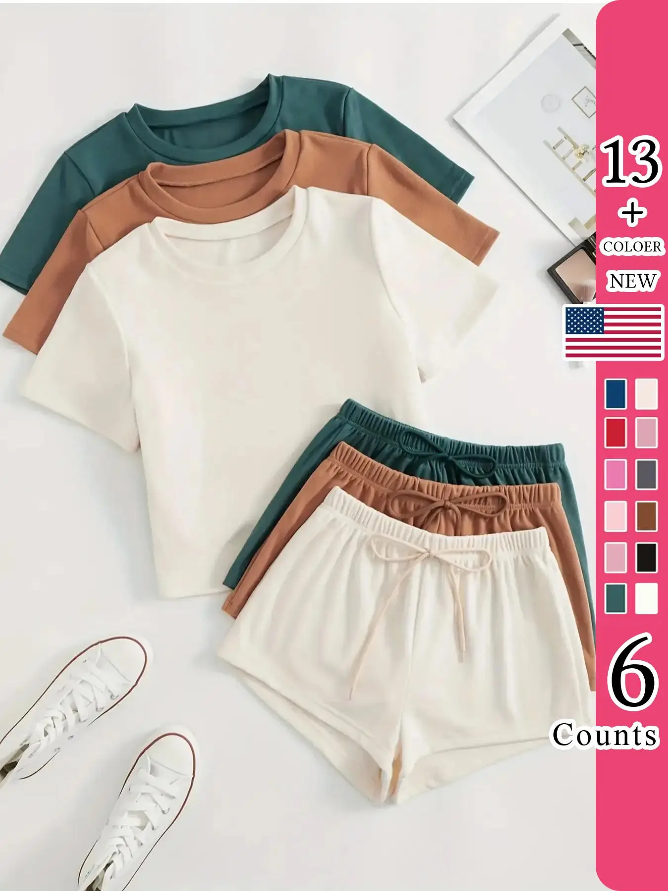 Women's Classic Four-Season Pajama Set, Round Neck Short Sleeve Top & Elastic Comfortable Shorts, Casual Home Wear, All Seasons