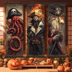 Halloween Hanging Banner, 3 Counts/set Retro Horror Skeleton Pirate Character Wall Decor, Scary Posters, Halloween Decorations, Room Decor