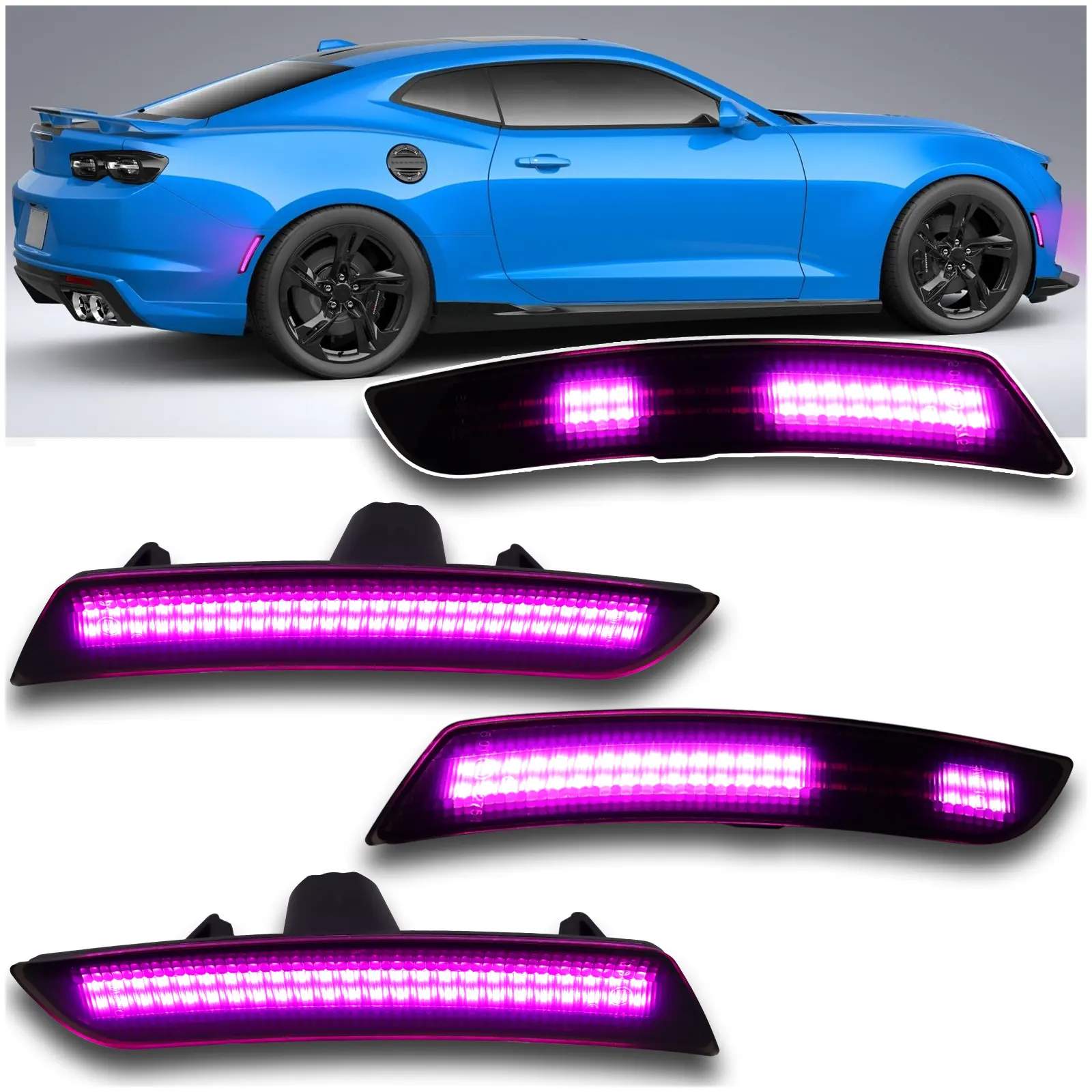 Smoked LED Side Marker Lights, Dynamic Seq. Turn Signals for 2016-2023 Chevy Camaro, Pink Purple Front Rear, 4-Pieces Cars Accessories, Car Lights, Plug-and-Play Direct Fit