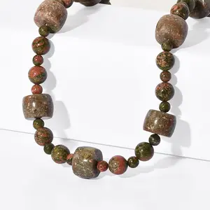 Autumn Jasper and Unakite 381.00 ctw Beaded Necklace in Platinum Plated 18 Inches