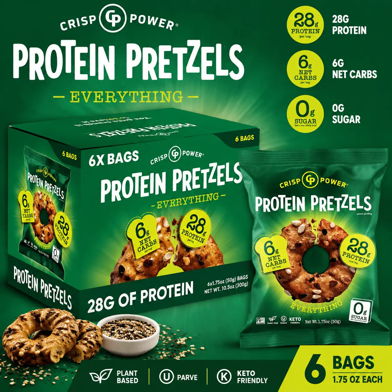 Crisp Power Protein Pretzels Everything Flavor 1.75 oz 6 Count High Protein Crunchy Pretzel Snacks