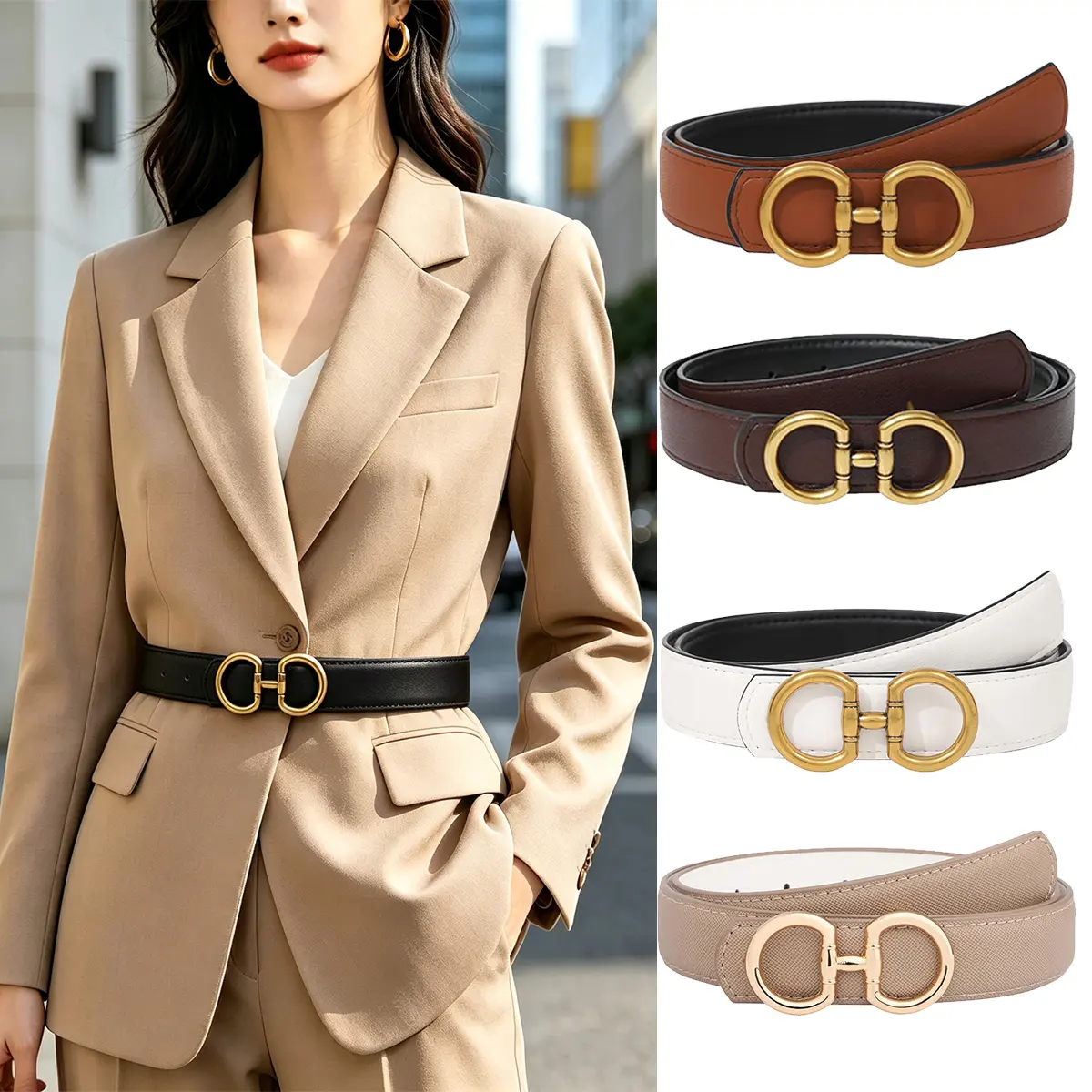 AWAYTR Women's 2-in-1 Reversible PU Leather Design Belt - Classic Horseshoe Removable Buckle, 3 Sizes, 26-45in Waist, All-Season Skinny Alt Belt for Jeans & Daily Outfits, Pu Leather Belts