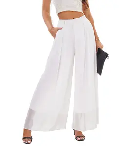 Heipeiwa Women's Chiffon Wide Leg Palazzo Pants Flowy Casual Beach Party Dress Long Pants Trouser