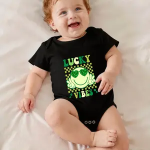 Lucky Vibes Frog Green Checkered Print Bodysuit Baby Rompers Short Sleeve Cotton Toddler Rompers Graphic Print Baby Clothes One-Piece Outfit