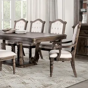 FM3418AK-T-7PC 7 pc Oakham Weathered Oak Finish Wood Pedestal Trestle Base Dining Table Set with Shield Back Chairs 46"x108" Table 2 Arm 4 Side Chairs