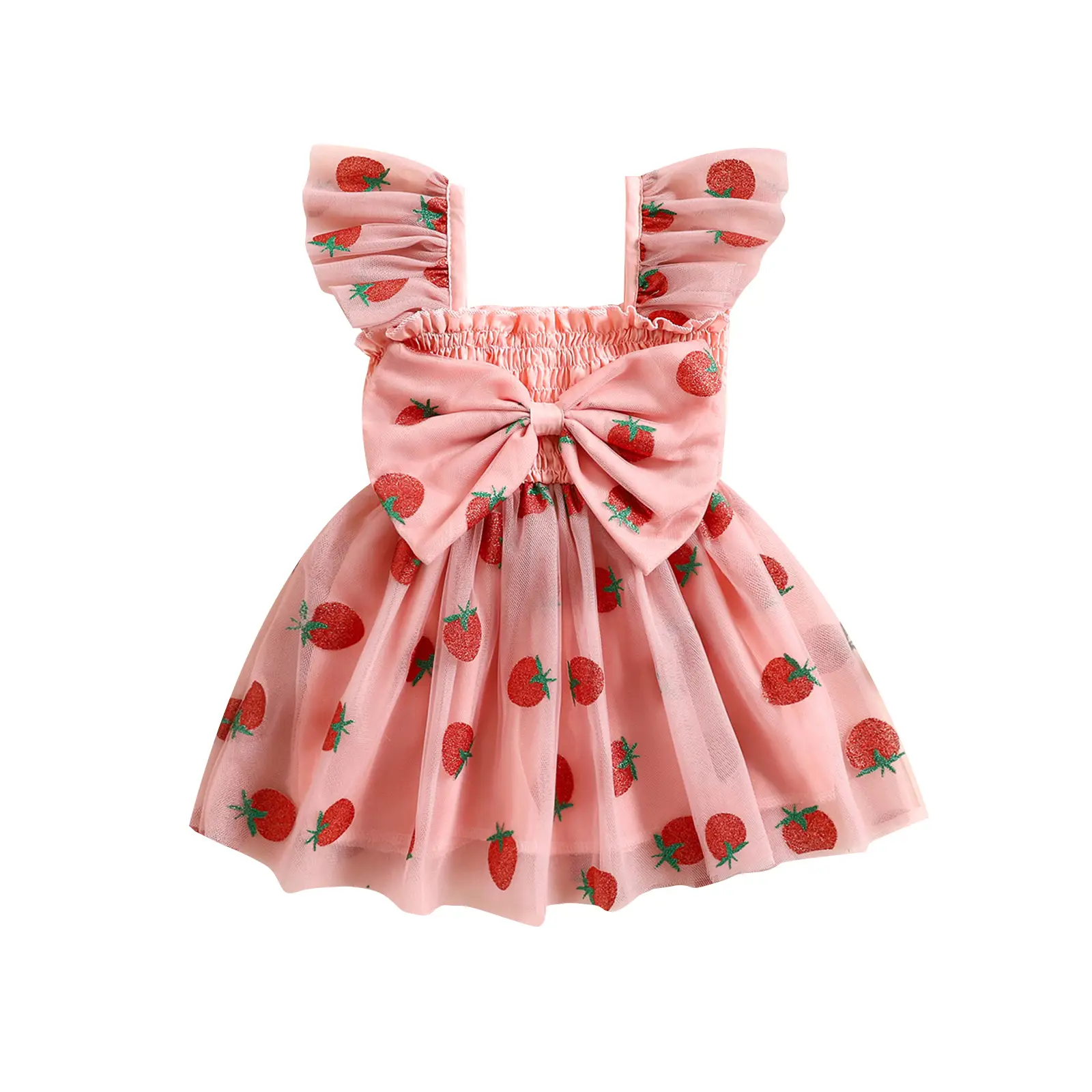 Baby Girl Tulle Dress Ruffle Sleeve Square Neck Strawberry Print Dress Toddler Princess Dress
