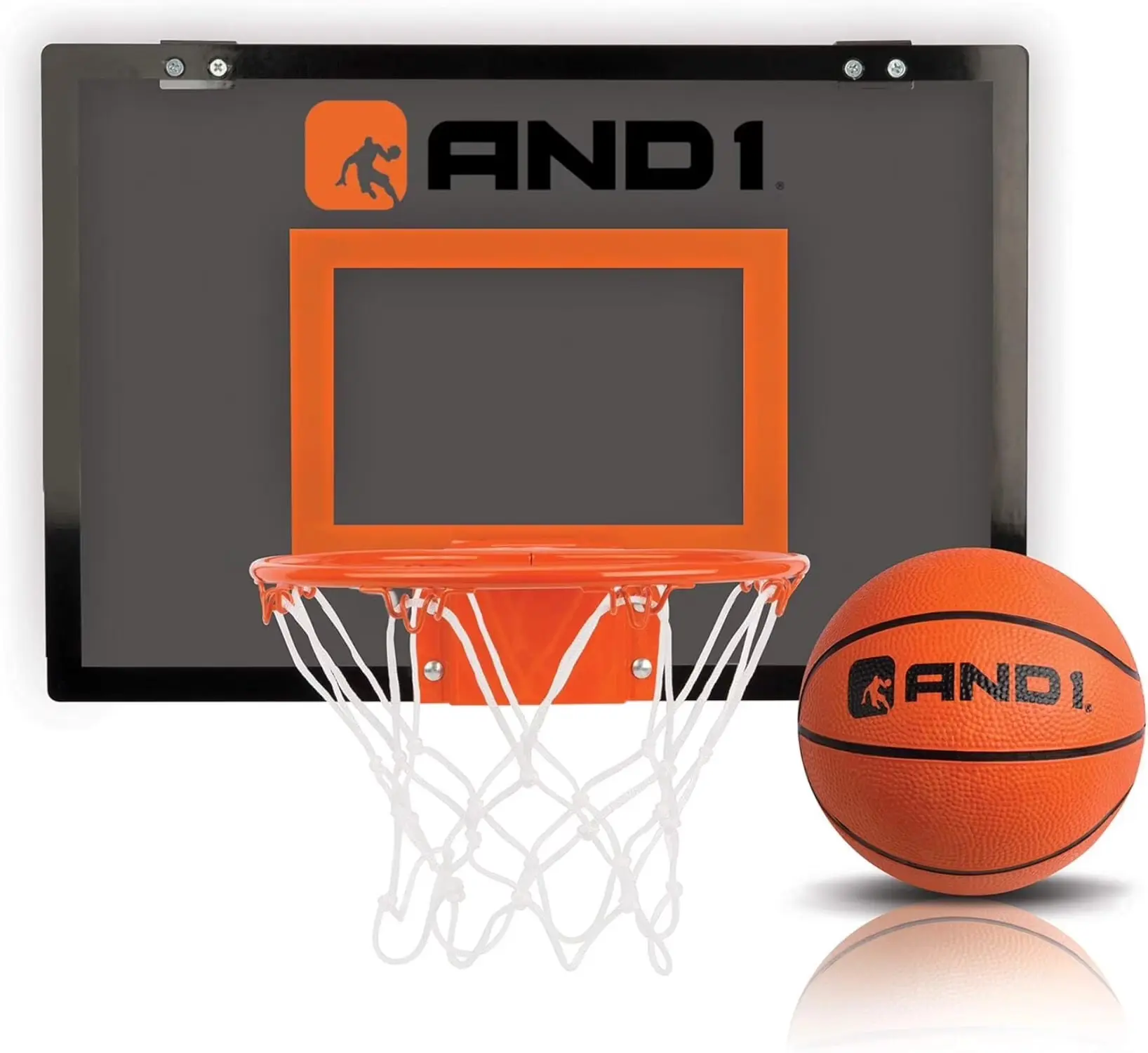 AND1 over the Door Mini Basketball Hoop Set, 18"X12" Shatterproof Backboard, 1 Mini Basketball, No Tools Indoor Use