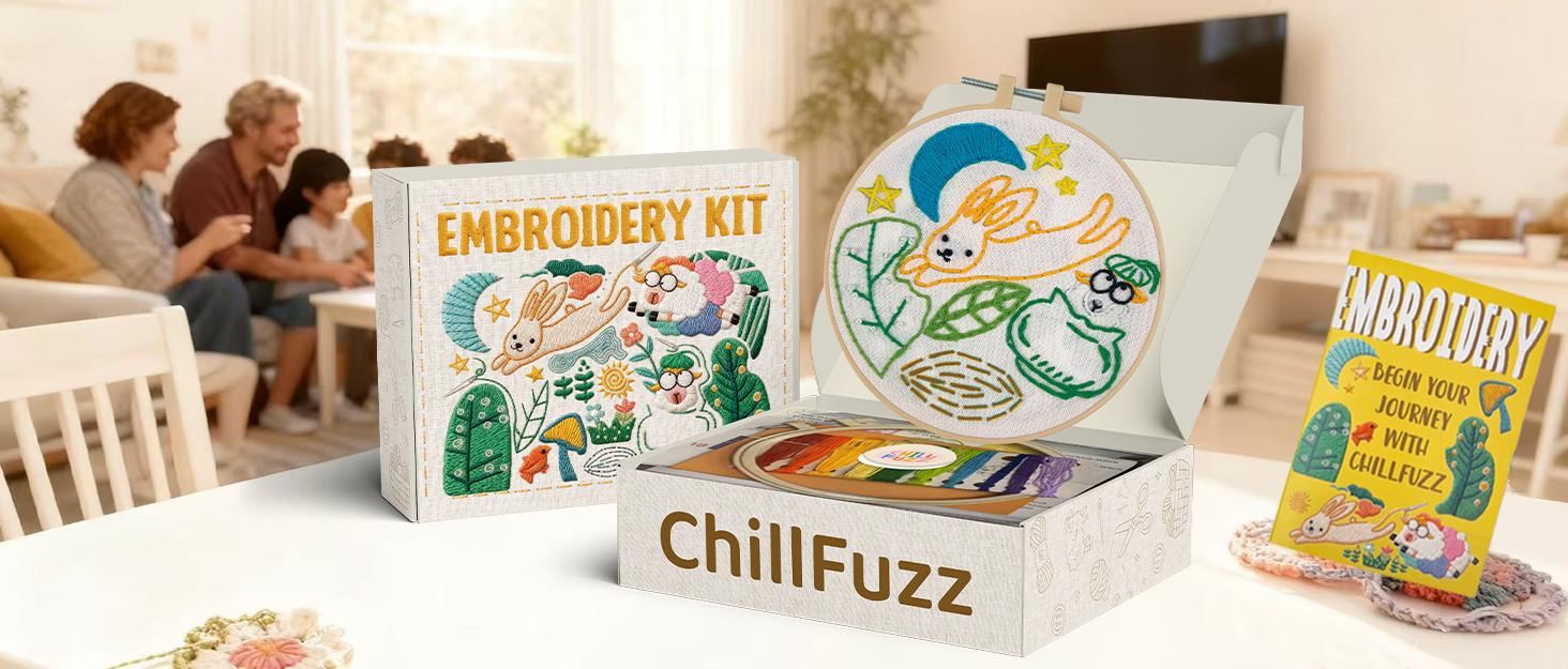Complete Embroidery Kit for Beginners & Adults with Printed Water-Soluble Patterns, Threads, Fabric, Tools & Video Tutorials, Easy DIY Craft Kit for Learning Stitches, Accessories & Handmade Gifts