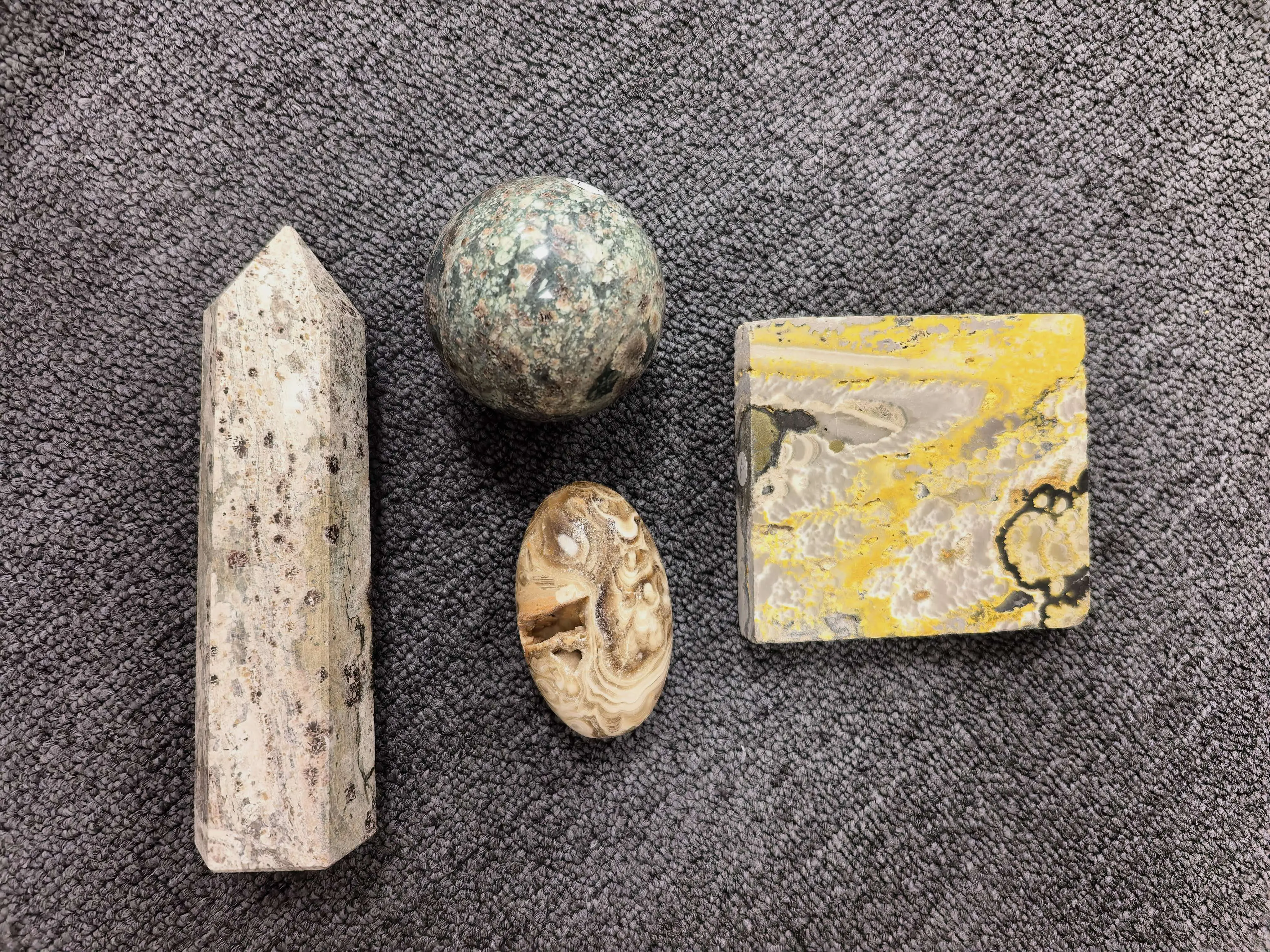Non-Natural Crystal Home Ornament Set - Dandelion Tower, Dandelion Sphere, Chocolate Calcite Palm Stone, Bumble Bee Slab for Savanna Decor