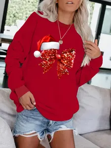 Women's Casual Round Neck Sweatshirt, Christmas Theme & Hat Sequins Bow Pattern, All-Season Fashion Top, Comfort Wear