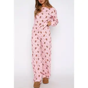 Women Christmas Outfits Casual Gingerbread Print Long Sleeve Tops and Elastic Pants 2 Piece Set Streetwear