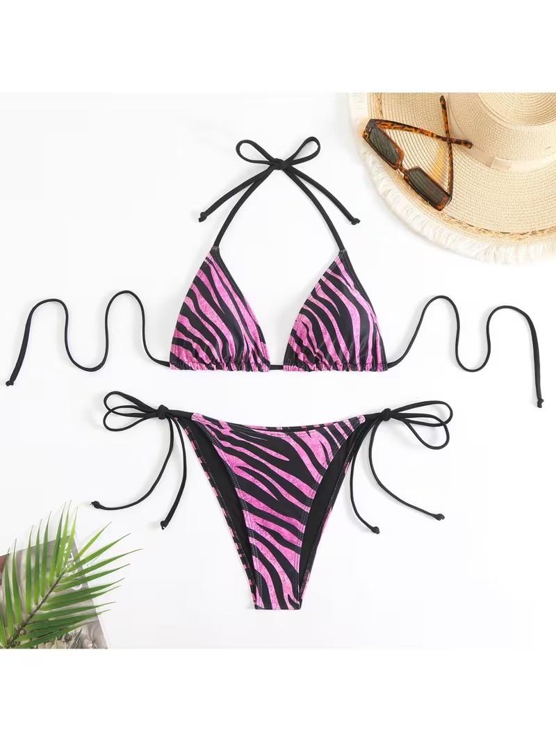 New Two-Piece Printed Bikini Set for Women with Straps and Split Design Geometric Pattern Mid Rise Lingerie Sets 100% Polyester - Fabric, Womenswear