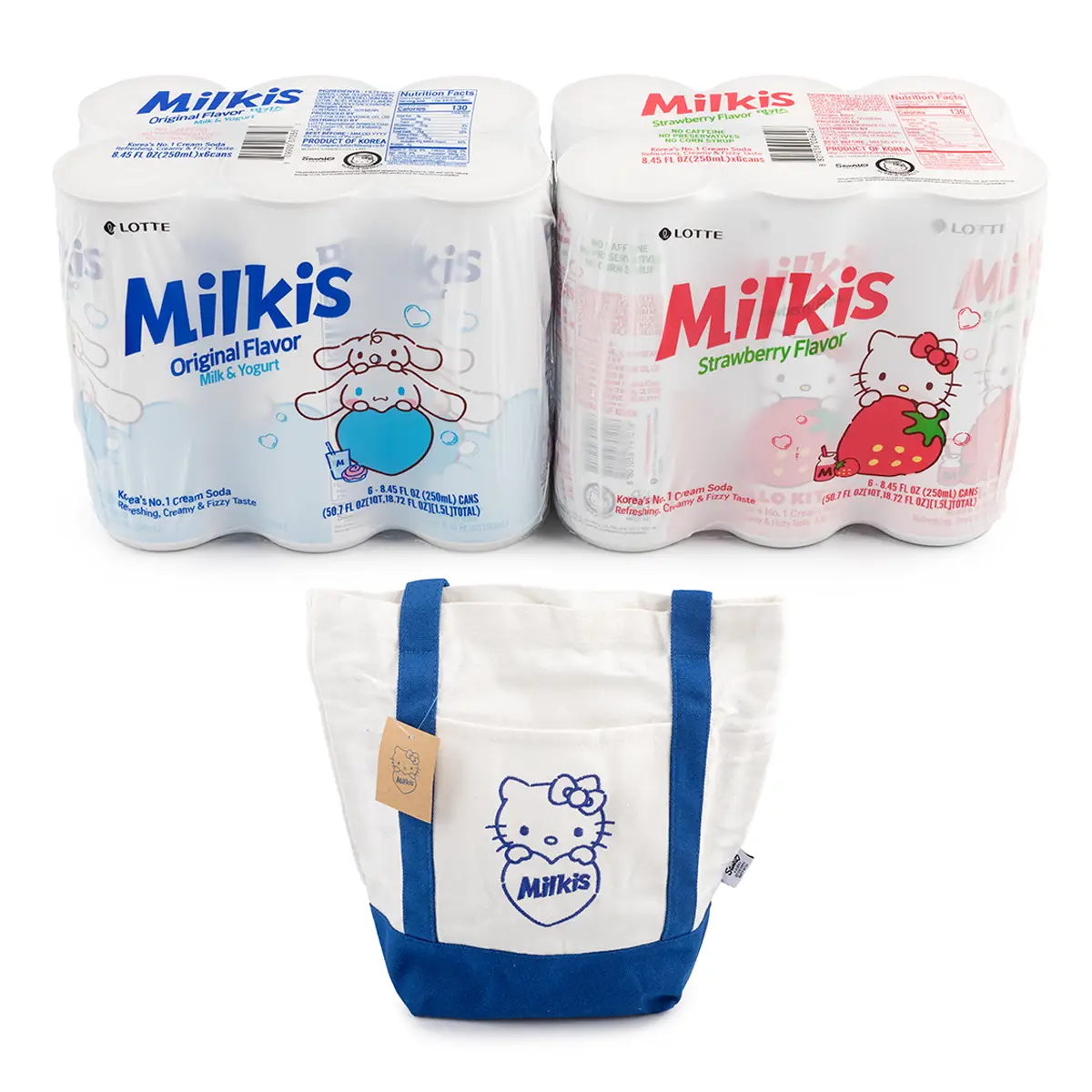 Lotte Milkis Hello Kitty Variety Pack, Original & Strawberry Flavors, with Gift (Tote Bag or T-Shirt)