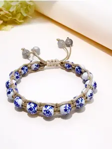 Blue-And- Ceramic Handmade Bracelet, Adjustable Vintage Craft Jewelry, Unisex Casual Beaded String, All Seasons Accessory