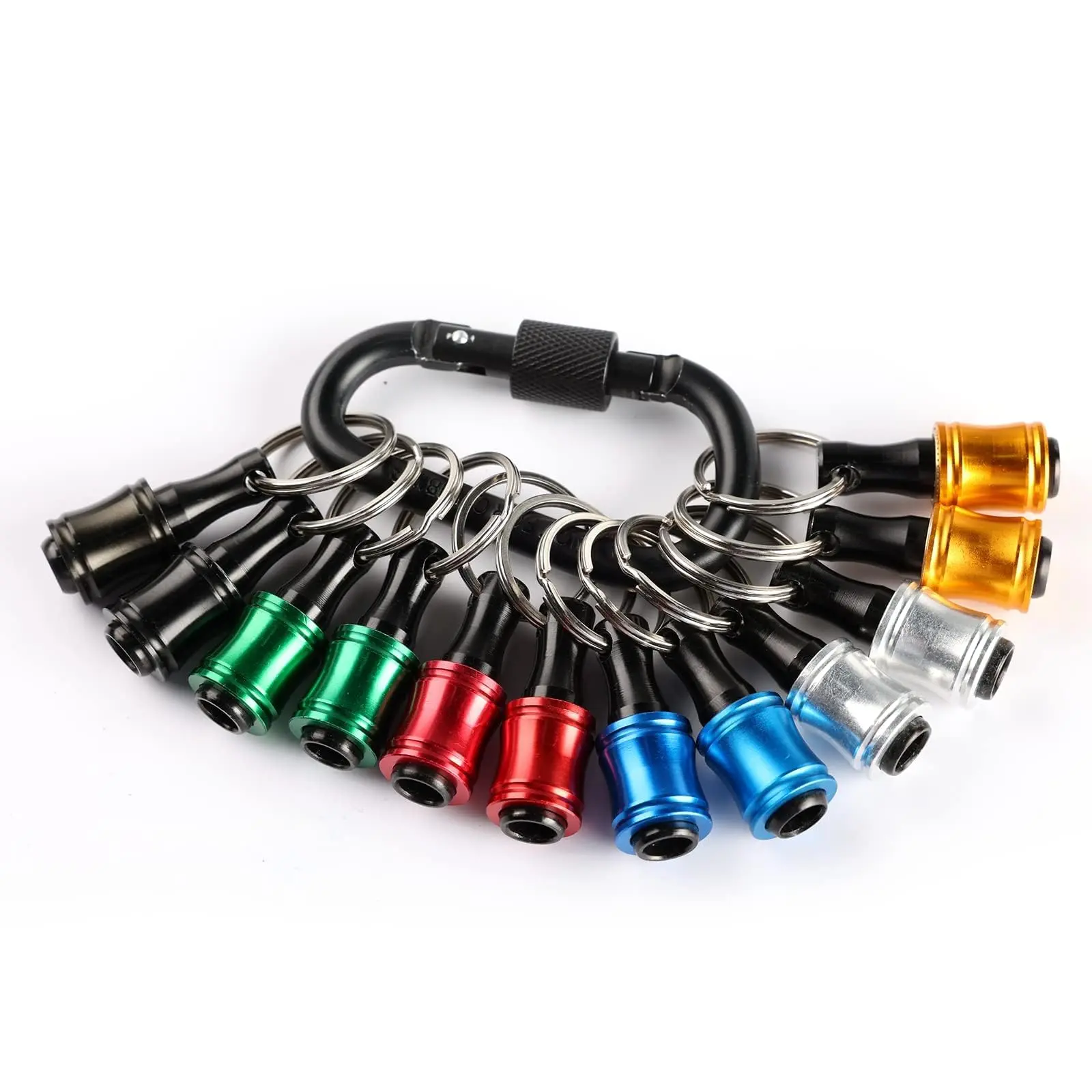 12pc Portable Bit holder Key chain, 1/4 inch Hex Shank Screwdriver Bit Clip for Impact Driver Drill Bit Extension Nut Driver W/Black Carabiner, Quick Release Lightweight Drill Screw Adapter