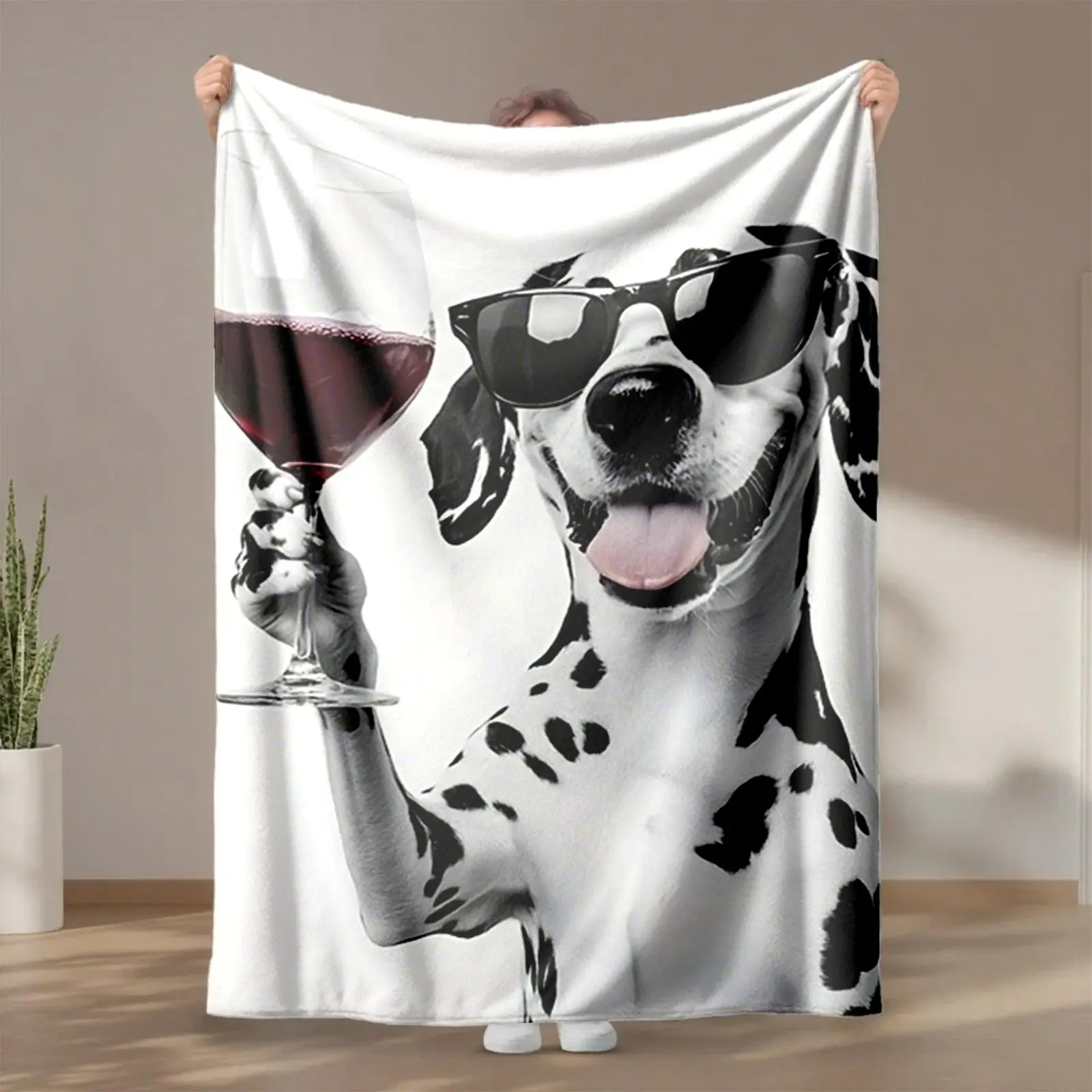 1 piece Dalmatian wearing sunglasses and raising a glass themed flannel blanket - Modern-style all-season flannel blanket, suitable for sofas and beds, super soft and comfortable, digital print design, 100% polyester material, machine washable