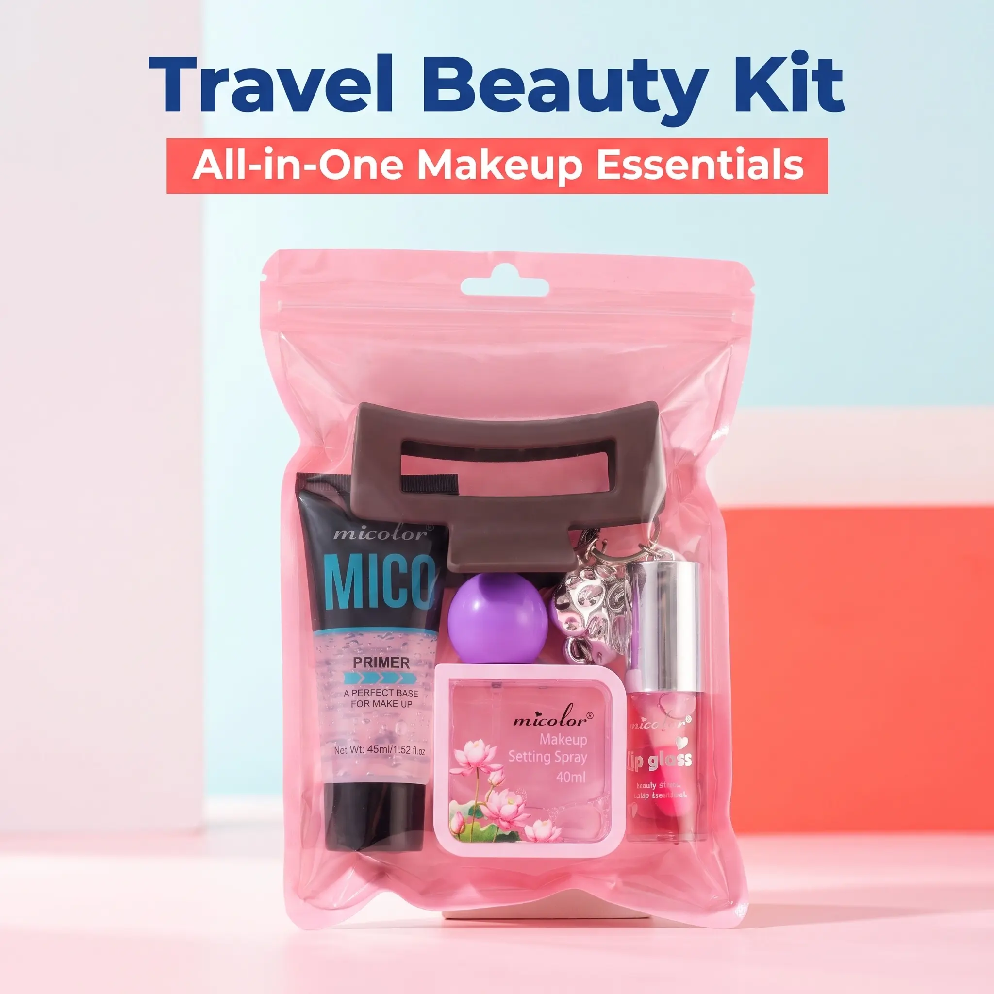 4pcs Daily Cosmetic Kit - Pore Blur Primer, Alcohol-Free Setting Spray, Keychain Lip Gloss, Large Claw Clip,Sheer Refreshing Hydrating Primer - Matte Oil Formula Aesthetic Gift for Teen Girls