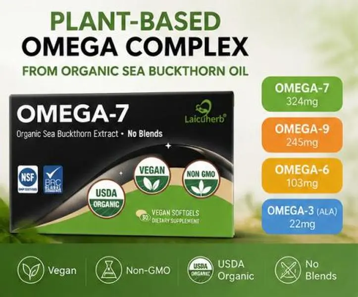 Plant-Based Omega Complex Supplement from Organic Sea Buckthorn Oil, Vegan Omega Fatty Acid Blend with Omega-7 324mg, Omega-9, Omega-6 & Omega-3, Non-GMO, 30 Vegan Softgels