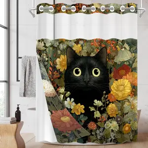 1pc hookless shower curtain with snap fastener, black cat flower pattern 2D flat printing, fabric waterproof inner lining shower curtain with transparent window double-layer shower curtain, 71 x 74 inches, modern home curtain decoration