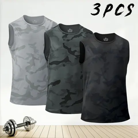 Men's 3-Pack Camouflage Sleeveless Muscle Tank Vest Set - 3pack Workout Set, 3 Pieces Athletic Activewear, Polyester Breathable Quick-Dry Stretch Fabric, Snug Non-Tight Fit, Gym Training Daily Wear