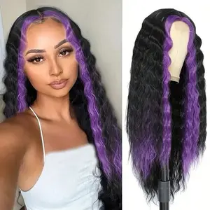 28inch Purple Highlights Natural Crimps Curls Skunk Stripe Lace Front WigSkunk Deep Wave Wig Synthetic Curly Wig For Women Long DeepWave Wig For Daily Party Use