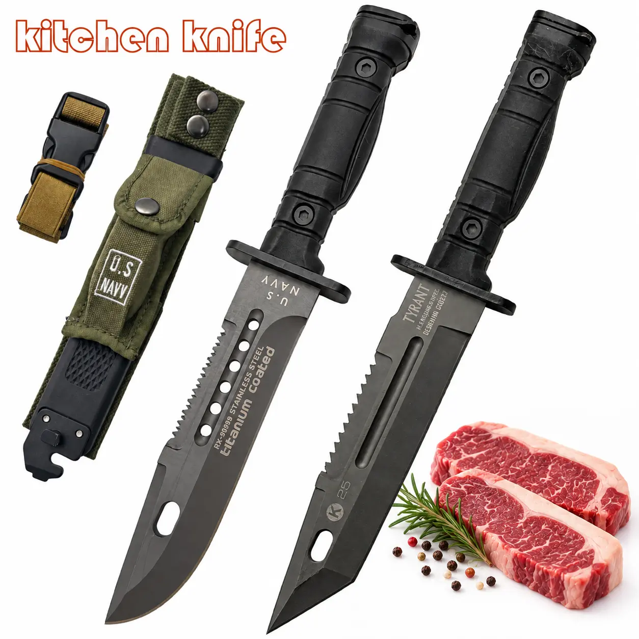 Heavy Duty Kitchen Prep Knife with Nylon Sheath, Sharp Fixed Blade Cutting Knife for Meat & Food Preparation
