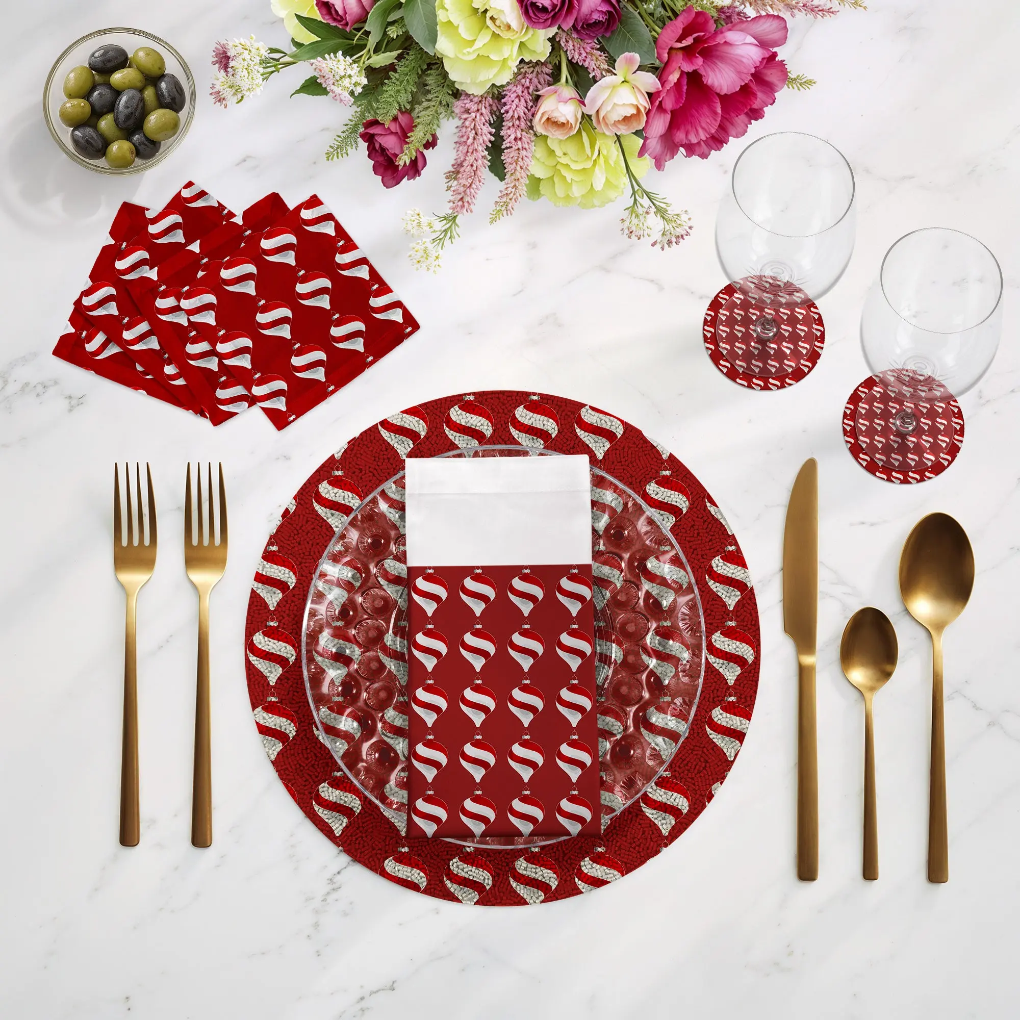 Xmas Ornament Red Round Beaded Placemat Smooth